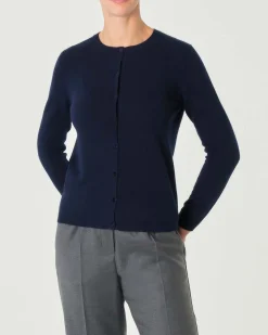 Cardigan blu girocollo in puro cashmere con chiusura a bottoni tono su tono