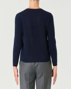 Cardigan blu girocollo in puro cashmere con chiusura a bottoni tono su tono