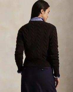 Cardigan color avorio Polo Ralph Lauren in lana e cashmere a trecce con scollo a giro e logo ricamato sul petto