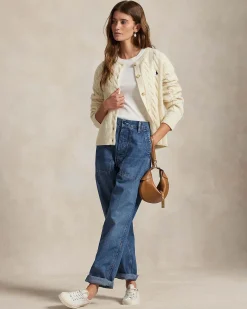 Cardigan color avorio Polo Ralph Lauren in lana e cashmere a trecce con scollo a giro e logo ricamato sul petto