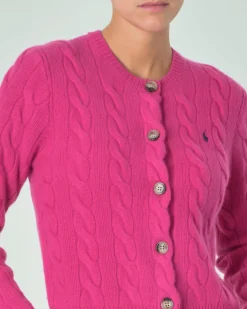 Cardigan fucsia in lana e cashmere lavorato a trecce con scollo a giro