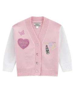 Cardigan Guess in misto viscosa rosa e bianco con patch