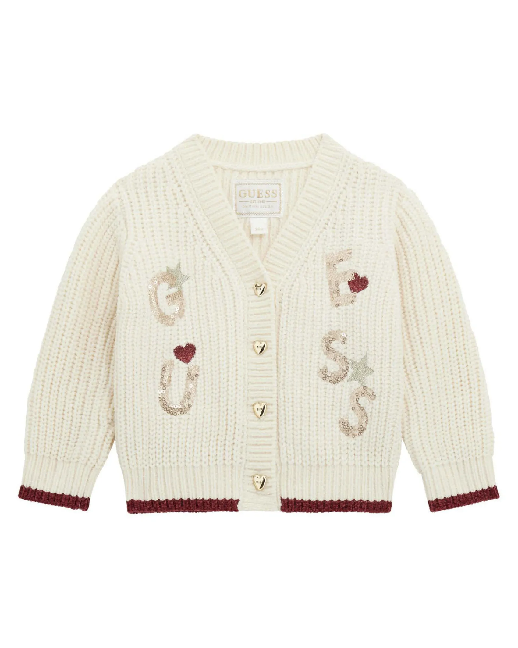 Cardigan Guess lavorato tricot panna con bottoni cuore e scritta logo