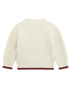 Cardigan Guess lavorato tricot panna con bottoni cuore e scritta logo