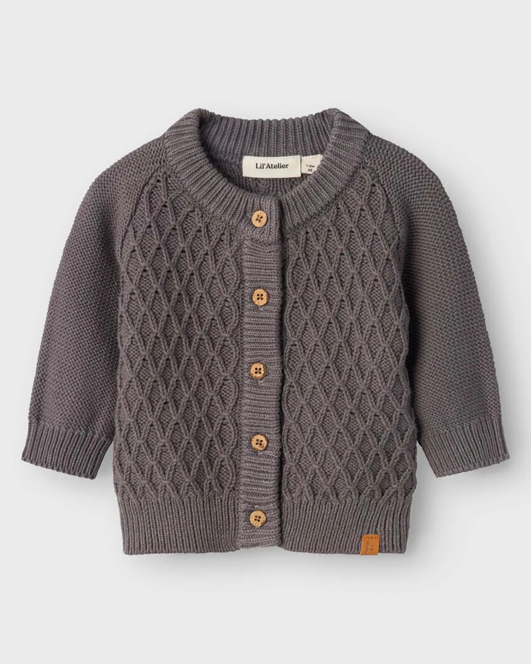 Cardigan Lil'Atelier grigio antracite in puro cotone a trecce