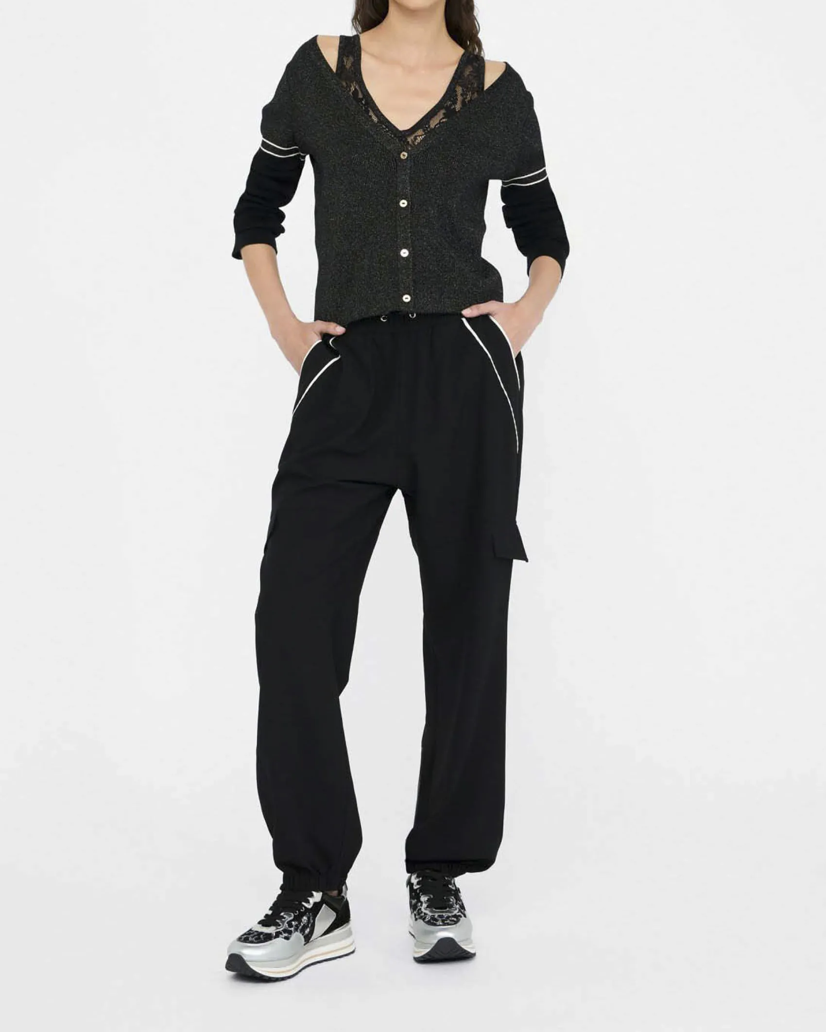 Cardigan Liu Jo Sport nero in maglia con dettagli in pizzo e lurex
