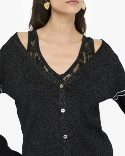 Cardigan Liu Jo Sport nero in maglia con dettagli in pizzo e lurex