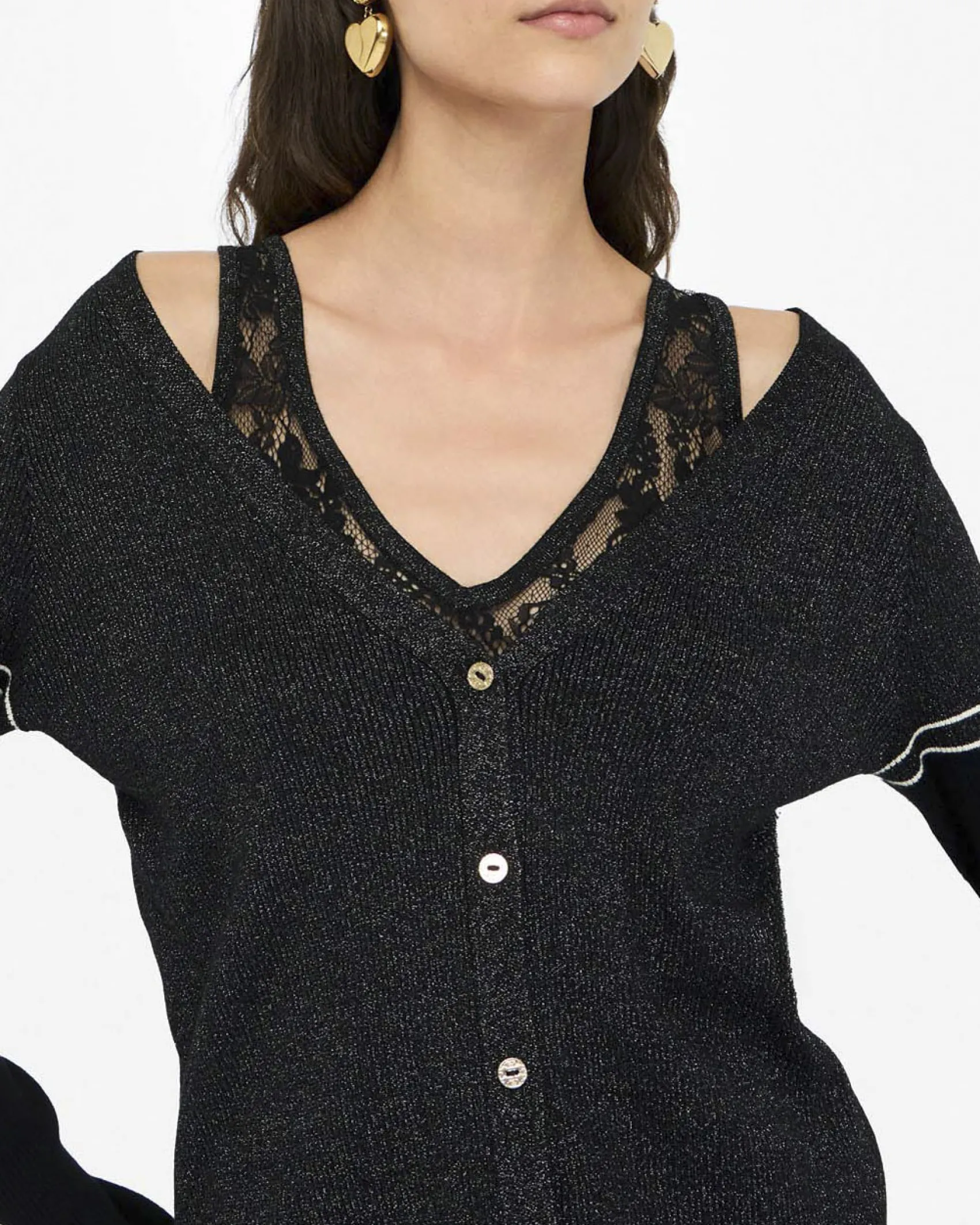 Cardigan Liu Jo Sport nero in maglia con dettagli in pizzo e lurex