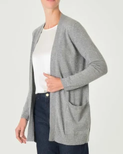 Cardigan midi grigio in puro cashmere senza bottoni di chiusura con tasche laterali