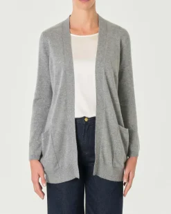Cardigan midi grigio in puro cashmere senza bottoni di chiusura con tasche laterali