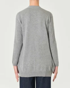 Cardigan midi grigio in puro cashmere senza bottoni di chiusura con tasche laterali
