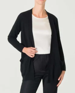 Cardigan midi nero in puro cashmere senza bottoni di chiusura con tasche laterali