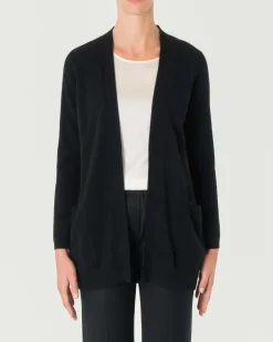 Cardigan midi nero in puro cashmere senza bottoni di chiusura con tasche laterali