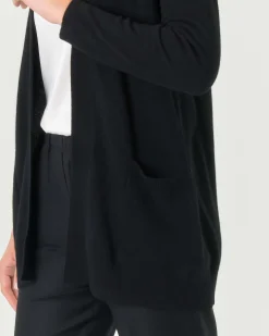Cardigan midi nero in puro cashmere senza bottoni di chiusura con tasche laterali