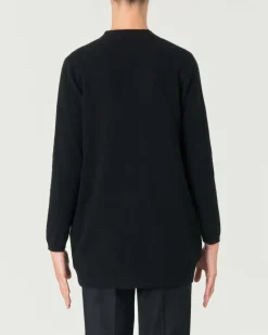 Cardigan midi nero in puro cashmere senza bottoni di chiusura con tasche laterali