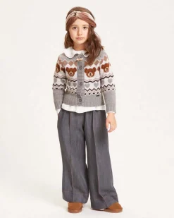 Cardigan Monnalisa grigio con orsetti e fantasie geometriche tricot