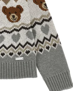 Cardigan Monnalisa grigio con orsetti e fantasie geometriche tricot