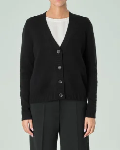 Cardigan nera in puro cashmere con scollo a V e chiusura a bottoni