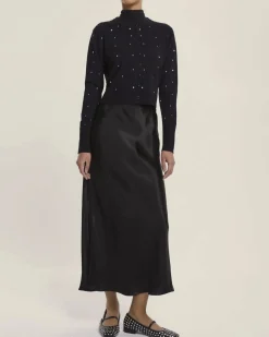Cardigan nero Emme Marella in misto viscosa con scollo tondo e strass applicati sul davanti e maniche