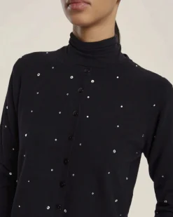 Cardigan nero Emme Marella in misto viscosa con scollo tondo e strass applicati sul davanti e maniche