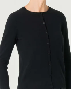 Cardigan nero girocollo in puro cashmere con chiusura a bottoni tono su tono