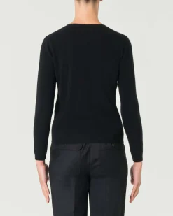 Cardigan nero girocollo in puro cashmere con chiusura a bottoni tono su tono