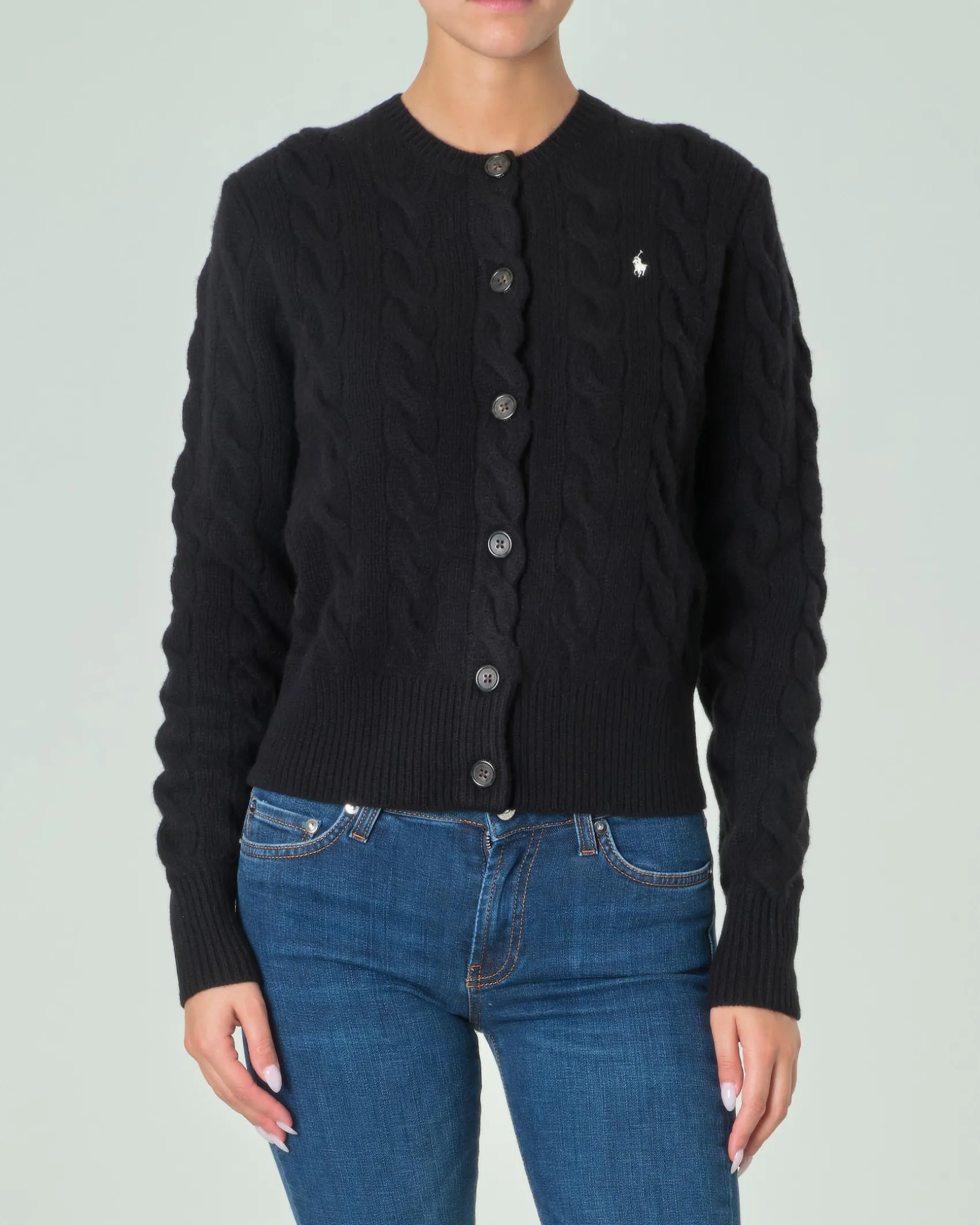 Cardigan nero in lana e cashmere lavorato a trecce con scollo a giro