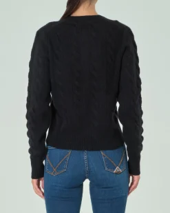 Cardigan nero in lana e cashmere lavorato a trecce con scollo a giro