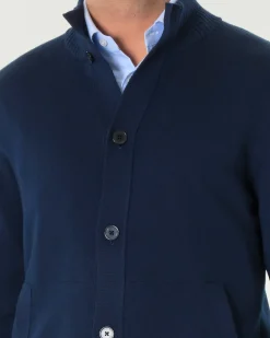 Cardigan Pellizzari blu in maglia finezza 7 di pura lana merino con tasche frontali e collo alto