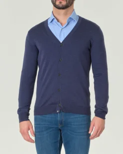 Cardigan Pellizzari blu melange in pura lana merino con chiusura a bottoni