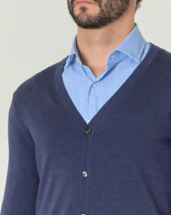 Cardigan Pellizzari blu melange in pura lana merino con chiusura a bottoni