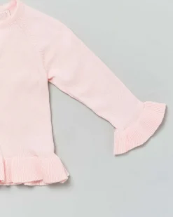 Cardigan rosa girocollo in puro cotone con balza e volant sulle maniche