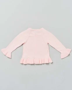 Cardigan rosa girocollo in puro cotone con balza e volant sulle maniche