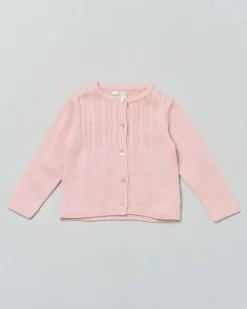 Cardigan rosa in pura lana con inserto fronte e retro a trecce
