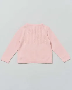 Cardigan rosa in pura lana con inserto fronte e retro a trecce