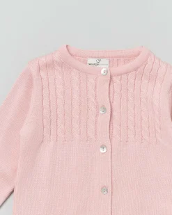 Cardigan rosa in pura lana con inserto fronte e retro a trecce