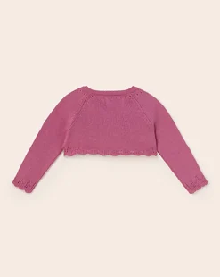 Cardigan stondato color ciclamino in puro cotone con orli in crochet