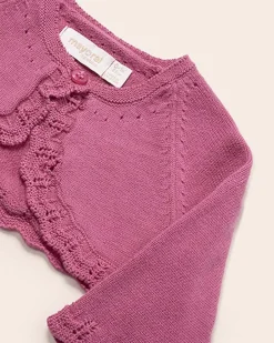 Cardigan stondato color ciclamino in puro cotone con orli in crochet