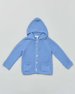 Cardigan tricot azzurro in puro cotone con cappuccio