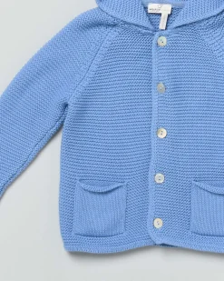 Cardigan tricot azzurro in puro cotone con cappuccio