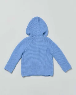 Cardigan tricot azzurro in puro cotone con cappuccio
