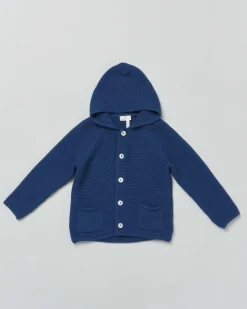 Cardigan tricot blu in puro cotone con cappuccio