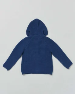 Cardigan tricot blu in puro cotone con cappuccio