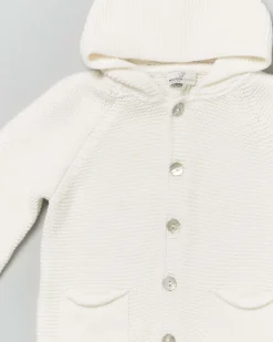 Cardigan tricot color panna in puro cotone con cappuccio