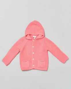 Cardigan tricot fucsia in puro cotone con cappuccio