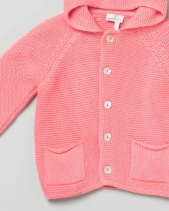 Cardigan tricot fucsia in puro cotone con cappuccio