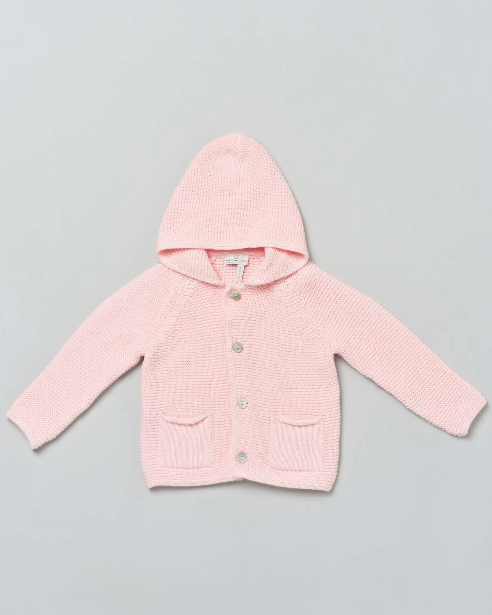 Cardigan tricot rosa in puro cotone con cappuccio