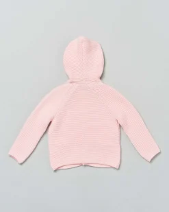 Cardigan tricot rosa in puro cotone con cappuccio