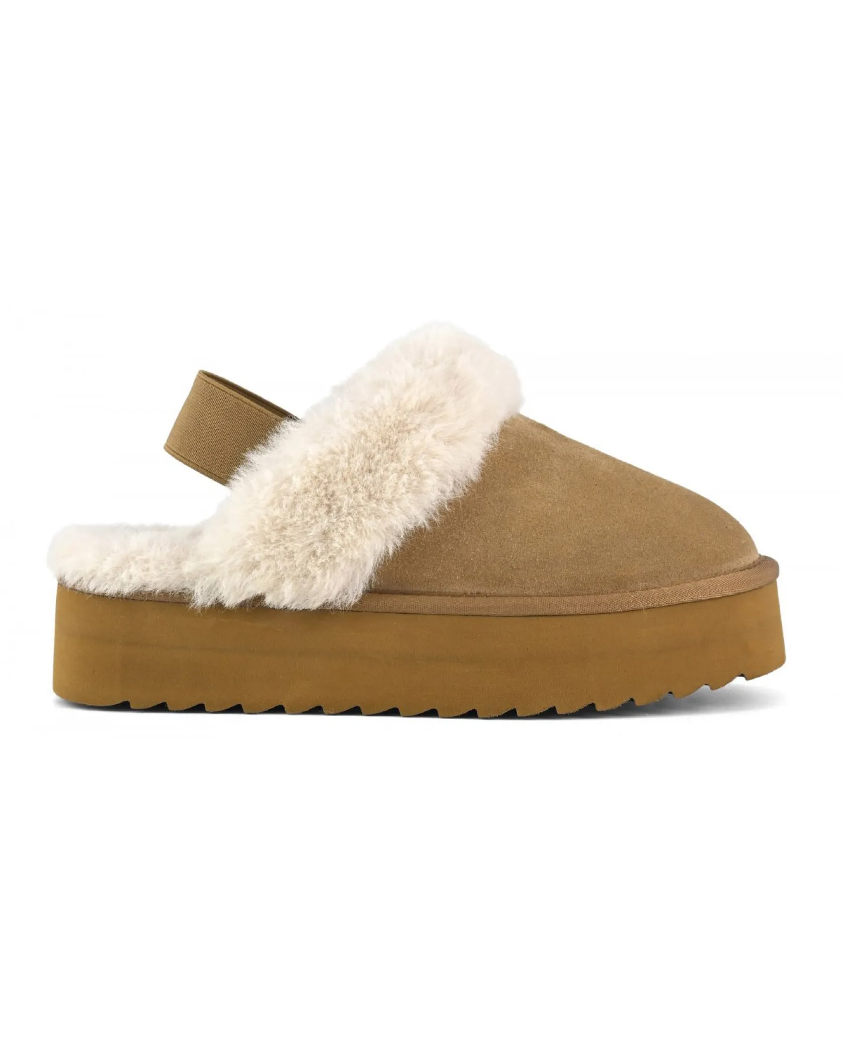 Ciabatta color cammello in pelle scamosciata con suola Platform e laccio elastico alla caviglia