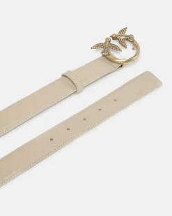 Cintura alta in pelle liscia beige con fibbia Love Birds dorata 3cm